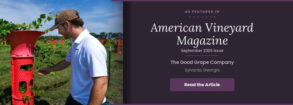 Man in vineyard examining red birdhouse with American Vineyard Magazine feature overlay about The Good Grape Company